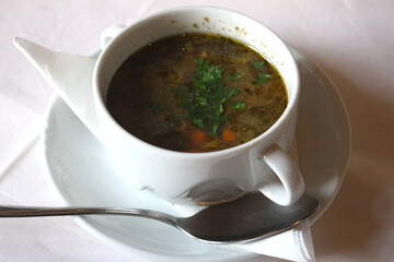 Close up of a bowl of delicious Bohemian style mushroom soup, Cesky Krumlov, Czech Republic, Europe, Soft Focus
