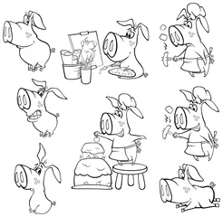 Muurstickers Illustratie van een schattig stripfiguur varken voor jou ontwerp en computerspel. Kleurboek overzichtsset © liusa