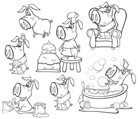 Illustration of a Cute Cartoon Character Pig for you Design and Computer Game. Coloring Book Outline Set 