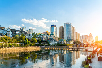 Fototapeta na wymiar Guiyang city landscape, Modern tall buildings and bridge,