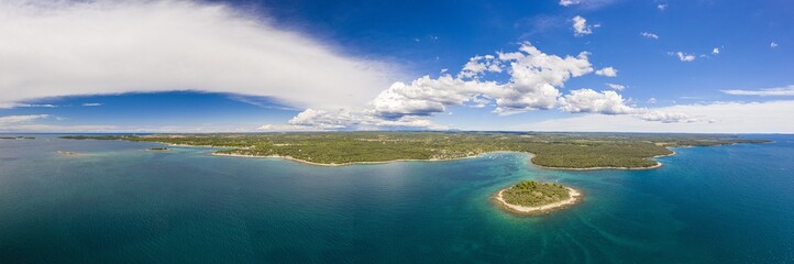 Panoramic drone picture of typical Croatian shore landscape taken near Rovinj