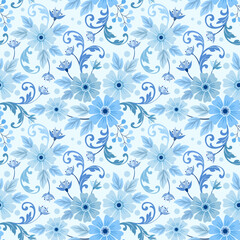 Fototapeta na wymiar Seamless pattern with flowers and leaves on a blue background.