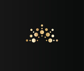Golden crown of dots icon on black background, isolated vector abstract logo, unusual crown consisting of dots