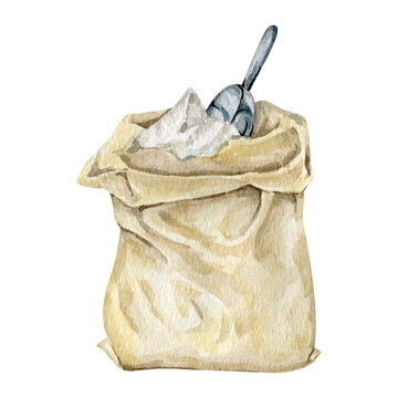 recommend clip art: Watercolor sack with pile of flour and metal scoop