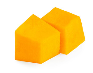 Pumpkin pieces cut in a cube chunks  isolated on white background.