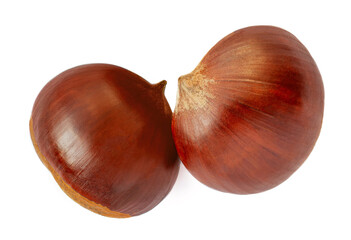 Chestnuts Isolated on white background. Autumnal Chestnuts for Christmas Top view. Flat lay