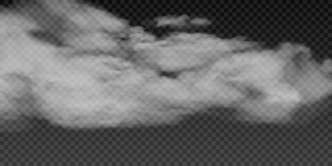 Realistic fog or smoke on transparent background. Vector illustration of 3d cloud. Natural mist design element for banner, poster, web, weather forecast