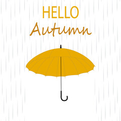 Vector flat autumn illustration. Yellow umbrella under the rain. Flat ilustration isolated on white background.