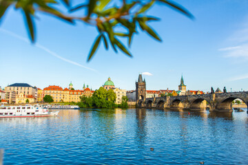 Summer landscape of Prague view of the Ltava river and the famous Charles bridge