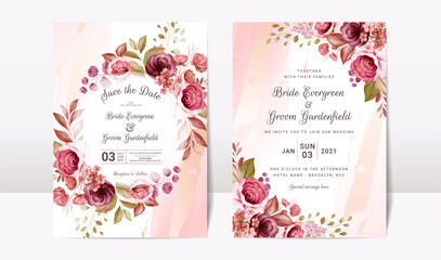Floral wedding invitation template set with elegant burgundy and brown roses flowers and leaves decoration. Botanic card design concept