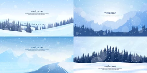 Fotobehang Vector illustration. Flat winter landscape. Simple snowy backgrounds. Snowdrifts.  Snowfall. Clear blue sky. Blizzard. Snowy weather. Winter season. Panoramic wallpapers. Set of backgrounds. © VVadi4ka
