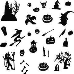 Happy Halloween, 31st October All Saints Day, attributes of the holiday isolated hand drawings icons in vector