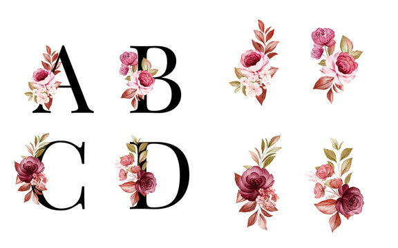 Watercolor floral alphabet set of A, B, C, D with red and brown flowers and leaves. Flowers composition for logo, cards, branding, etc