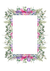 watercolor flower frame of branches, leaves of eucalyptus, fern, lavender with flowers of Crocuses and hyacinths