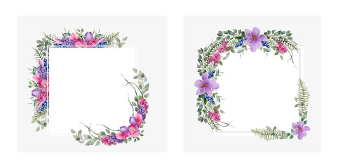 watercolor set flower frame, wreath of branches, leaves of eucalyptus, fern, lavender with flowers of Crocuses and hyacinths