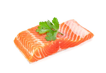 Piece of fresh salmon fillet sliced isolated on white background