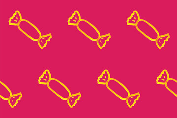 Seamless pattern with simple candy. Yellow picture on red board. Doodle illustration. Child's drawing. Cartoon background for Kids. Perfect for children fabric, textile, nursery wallpaper