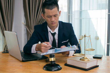 Male lawyer or judge wearing protective mask on the consult having team meeting with client, Law and Legal services concept