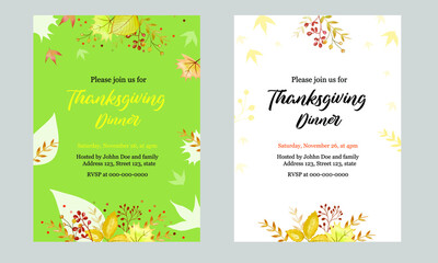 Floral Thanksgiving dinner invitation templates with green and white color variation. Editable text and other elements. Minimal floral design with autumn leaves and berries. 
