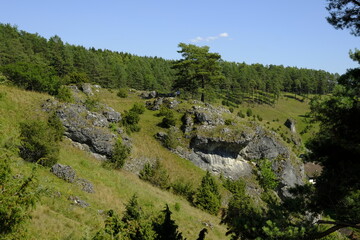 Landschaft und Felsenhänge im Kleinziegenfelder Tal, Fränkische Schweiz, Landkreis Lichtenfels, Oberfranken, Franken, Bayern, Deutschland