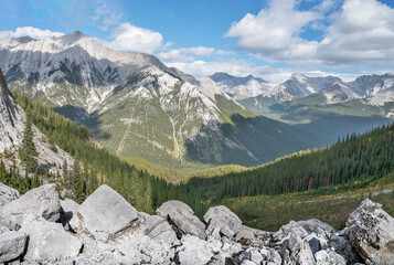 Fototapeta na wymiar Forty Mile Creek Valley as seen from Cory Pass in Banff National Park, Alberta, Canada