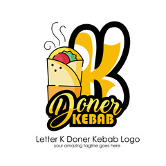Letter K Meat Doner Kebab Dishes Vector Logo Design Illustration Food on White Background for Turkish and Arabian Fast Food Restaurant and Cafe. Initial Typography Logotype Template
