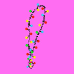 Christmas exclamation mark from a garland isolated on pink. Colored light bulbs on wires. Handwritten font for text or logo. Vector EPS 10.