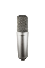Studio condenser microphone on a white background, isolated. Vertical photo. Professional sound equipment for a music studio. Top view.
