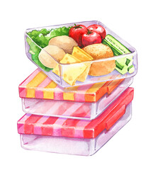 lunch bok cute food healthy food eat kids striped stack plastic watercolor isolated illustration egg snack tomato egg art