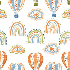 Cute watercolor hand drown vector seamless pattern with colorful pastel rainbows and balloons