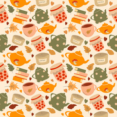 cute seamless pattern with teapots, candles, books, coffee cups, autumn leaves