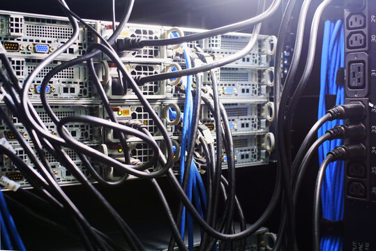 Server cabinets with messy cables.