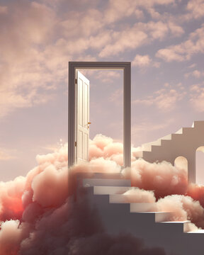 Doorway and staircase in pink clouds
