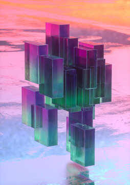 Purple and green tinted rectangles reflected on surface