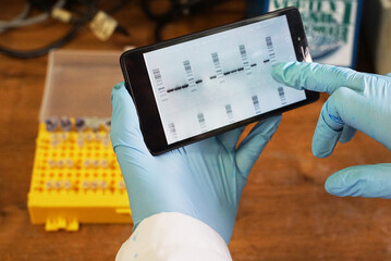 Scientist using cellphone to analyse DNA information in a lab