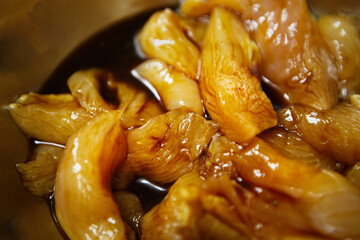 Tasty natural white meat rich with proteins and low fat for healthy eating.Marinated chicken strips in soy sauce.Delicious poultry meat prepared for frying