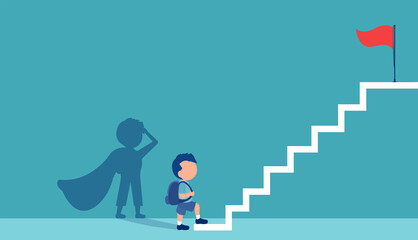 Vector of a boy with a super hero shadow climbing up stairs to reach his goal on the top - obrazy, fototapety, plakaty