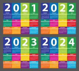 Calendar set 2021; 2022; 2023; 2024; starting from Sunday. Vector
