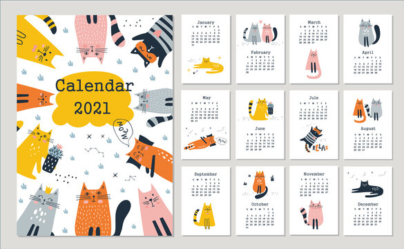 Calendar 2021 with cute cats. Hand drawn vector