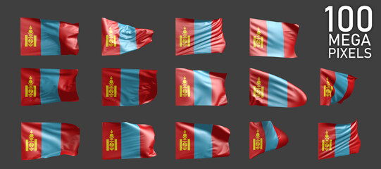 many different pictures of Mongolia flag isolated on grey background - 3D illustration of object