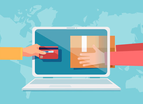 Vector of a man paying with credit card for internet delivery of merchandise