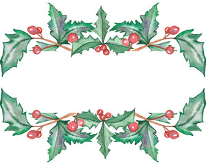 Watercolor hand painted nature winter wreath frame with holly plant, red berries and green leaves on branches composition on the white background for invite and greeting card with the space for text © Natalia