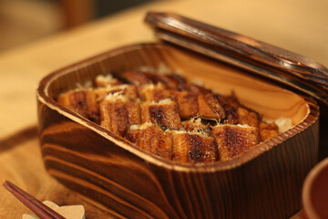 Close up of a box of delicious grilled eel fish rice, Hiroshima, Japan, soft focus