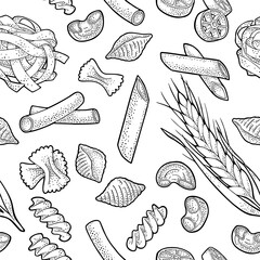 Farfalle, conchiglie, maccheroni, fusilli, penne, pipe. Vector vintage engraving illustration isolated