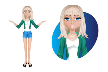 Stylish young woman in shorts and a green jacket. Beautiful cartoon character modern. Pose- Sorry.