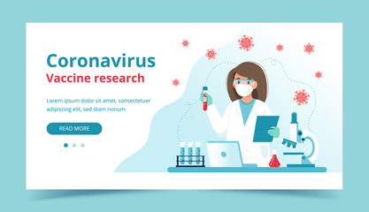 Vaccine research, scientist conducting experiments in lab. Landing page template. illustration in flat style