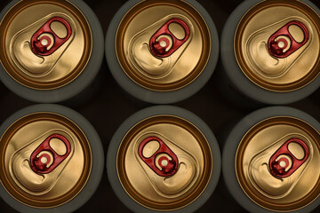aluminum cans with carbonated water, energy drinks or beer. the view from the top