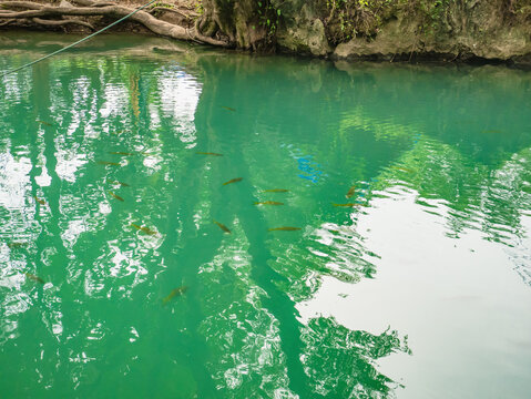 Beautiful nature and clear water of Blue lagoon at pukham cave vangvieng city Lao.Vangvieng City The famous holiday destination town in Lao.