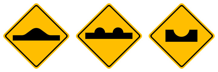Speed bump, Uneven and Dangerous dip traffic road vector sign set isolated on white background