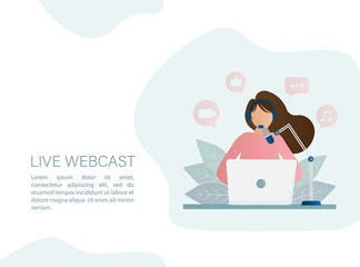 Live webcast in flat style with people. Listen to podcast. Flat illustration. Vector illustration.
